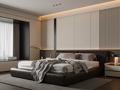 Modern Bedroom Interior With Large Bed Gray Blanket And Vertical Striped Headboard Wall 3d model