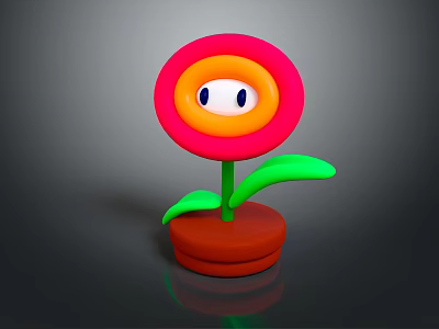 Cartoon Flower Plant With Red Orange Petals White Eyes Green Stem And Brown Pot 3d model