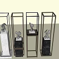 Modern Sculpture Carving Display In Glass Cases With Marble Black Bases And Artistic Statues