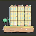 Cartoon Scene With Multi Story Yellow Building Windows Doors Green Trees And Street