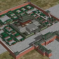 Ancient Chinese Architectural Complex Featuring Symmetric Layout Green Tiled Roofs and Red Walls