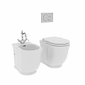 Modern White Toilet With Bidet Faucet And Wall Mounted Control Panel