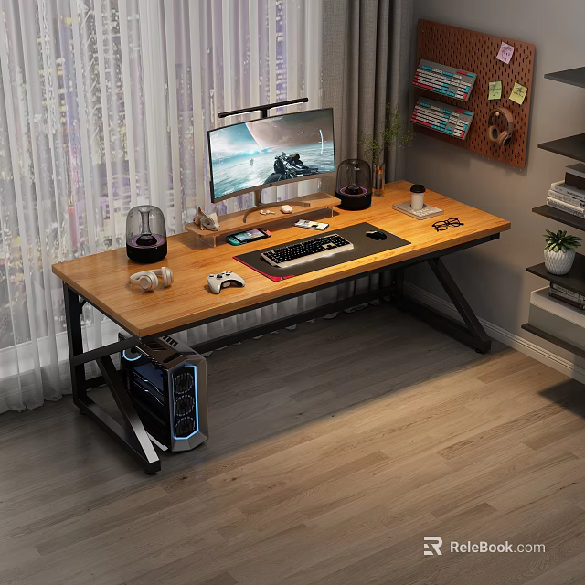 Wooden Computer Desk Setup With Monitor Keyboard Mouse Desk Lamp And PC Case 3d model 