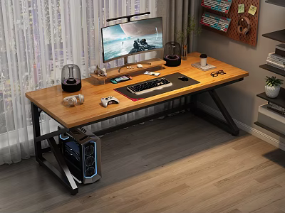 Wooden Computer Desk Setup With Monitor Keyboard Mouse Desk Lamp And PC Case 3d model
