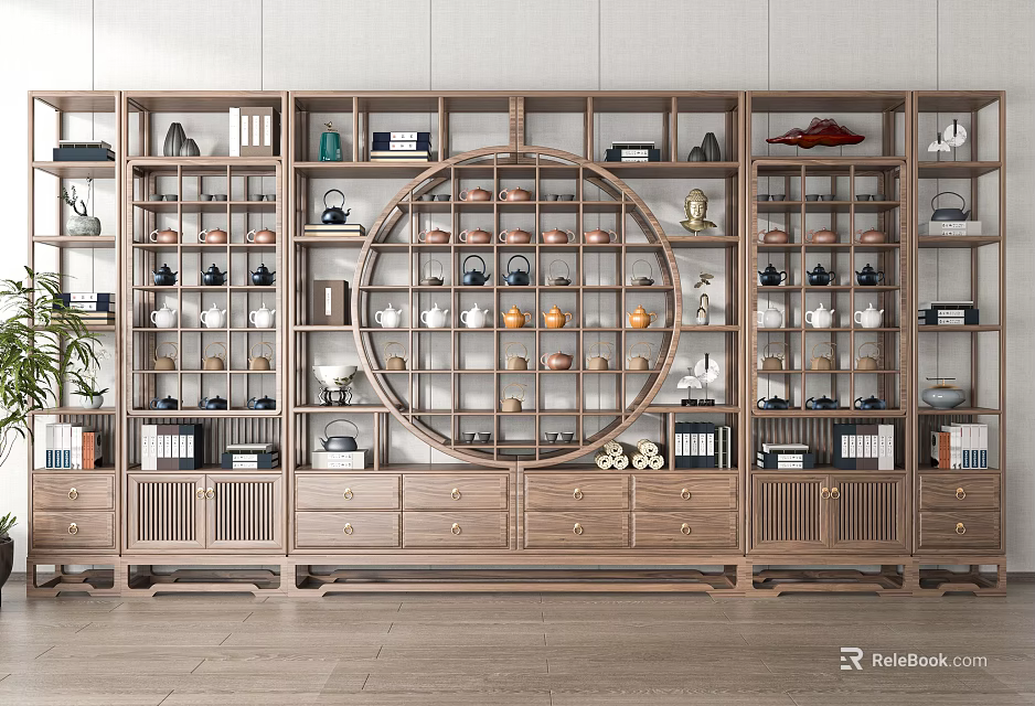Modern Chinese Wooden Bogu Shelf With Circular Lattice Displaying Teaware Books And Decorative Items 3d model 
