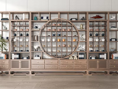 Modern Chinese Wooden Bogu Shelf With Circular Lattice Displaying Teaware Books And Decorative Items 3d model