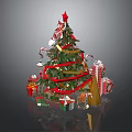 Christmas Tree Decorated With Red Star Ribbons Gift Boxes And Candy Canes