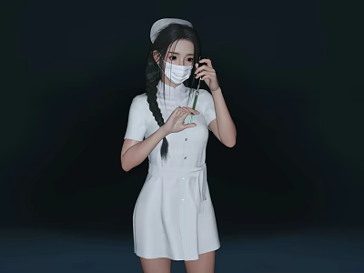 Woman in White Nurse Uniform With Cap Mask Holding Medical Syringe on Dark Background 3d model