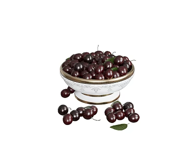 Fresh Ripe Cherries Filled in White Decorative Bowl with Scattered Cherries and Green Leaf 3d model