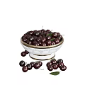 Fresh Ripe Cherries Filled in White Decorative Bowl with Scattered Cherries and Green Leaf
