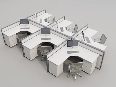 Modern Office Desks in Cubicle Workstations with Computer Monitors Ergonomic Chairs and Storage Drawers 3d model