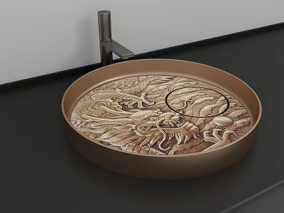Copper Round Washbasin With Intricate Carved Dragon Design And Silver Faucet On Black Countertop 3d model