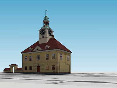 European Style Architecture Exterior Design With Yellow Walls Red Roof Clock Tower And Green Spire 3d model