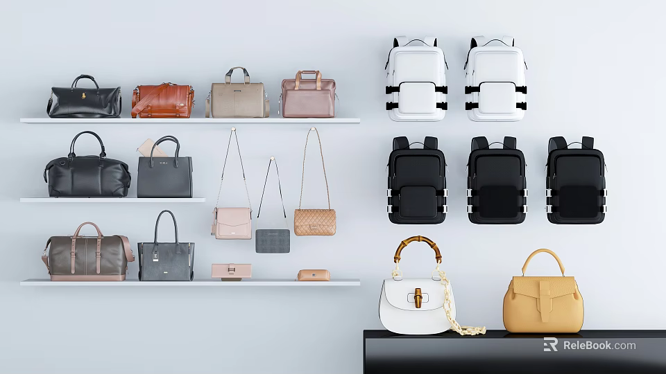 Stylish Assorted Bags Collection With Backpacks Handbags Various Colors On Display Shelves 3d model 
