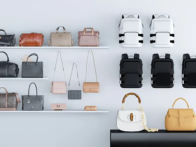 Stylish Assorted Bags Collection With Backpacks Handbags Various Colors On Display Shelves 3d model