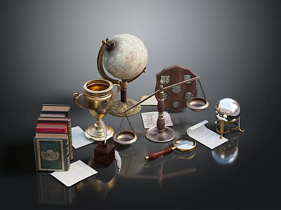 Vintage Wooden Table Displaying Globe Balance Books Trophy And Decorative Pieces 3d model