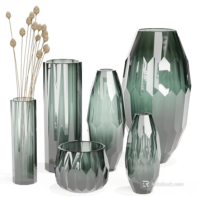Stylish Green Glass Vases In Various Shapes And Sizes For Home Decoration 3d model 