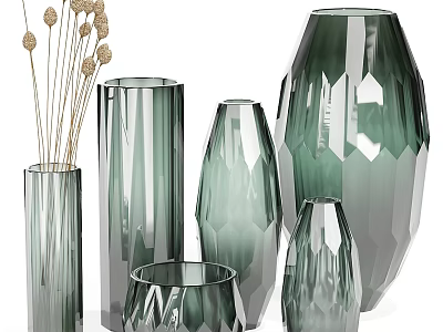 Stylish Green Glass Vases In Various Shapes And Sizes For Home Decoration 3d model