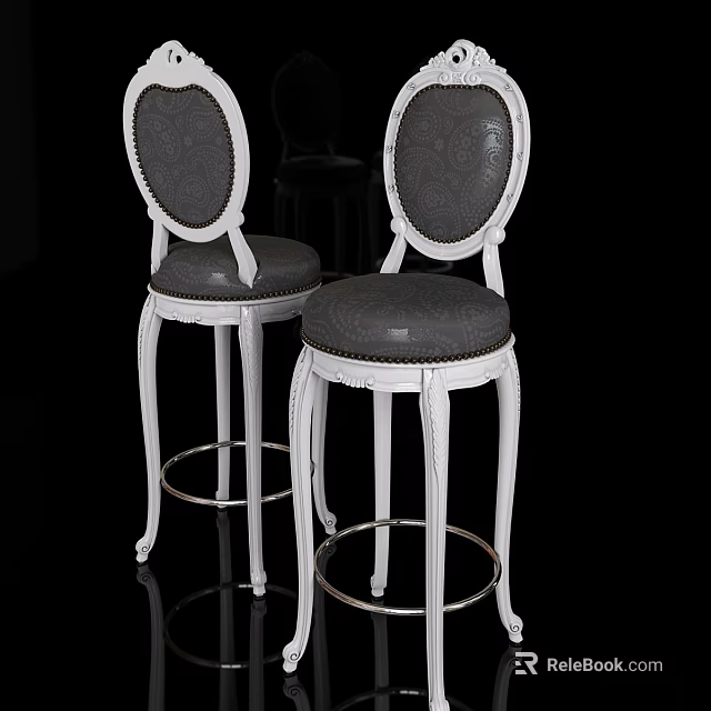 Elegant White Frame Bar Stools With Round Backrest And Gray Padded Seat 3d model 