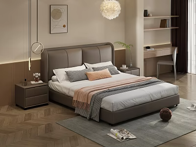 Modern Bedroom Double Bed With Gray Headboard White Sheet Orange Pillows Pink Blanket And Rug 3d model