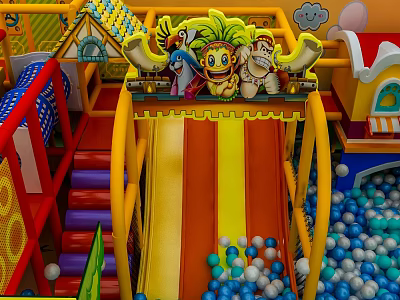 Colorful Cartoon Landscape Sculptures In Children's Playground With Slide And Ball Pool 3d model