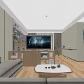 Modern Hotel Room Interior Featuring Bed TV Wooden Desk Chair Sofa And Decorative Wall Art