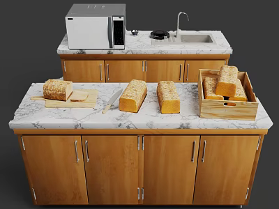 Display Shelf With Wooden Cabinets And Marble Countertop Displaying Fresh Bread And Utensils 3d model