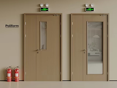 Poliform Interior With Brown Doors Featuring Glass Panels Red Fire Extinguishers And Fire Alarm Devices 3d model