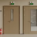 Poliform Interior With Brown Doors Featuring Glass Panels Red Fire Extinguishers And Fire Alarm Devices