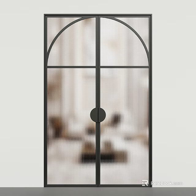 Modern Black Frame Sliding Door With Arched Design And Grid Pattern For Indoor Interior 3d model 