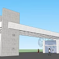 Modern Entrance Gate With Stone Walls Beam Structure People Around Blue Sky And Tree