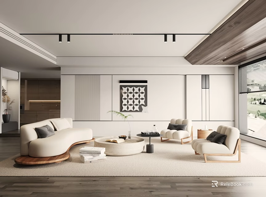 Modern Living Room With White Curved Sofa Wooden Coffee Tables Large Windows And Warm Lighting 3d model 