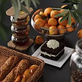 Assorted Food Display With Honey Persimmons Chocolate Cake And Bread 3d model