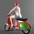 A Woman In Pink Top And Denim Shorts Riding Green Red White Vintage Scooter