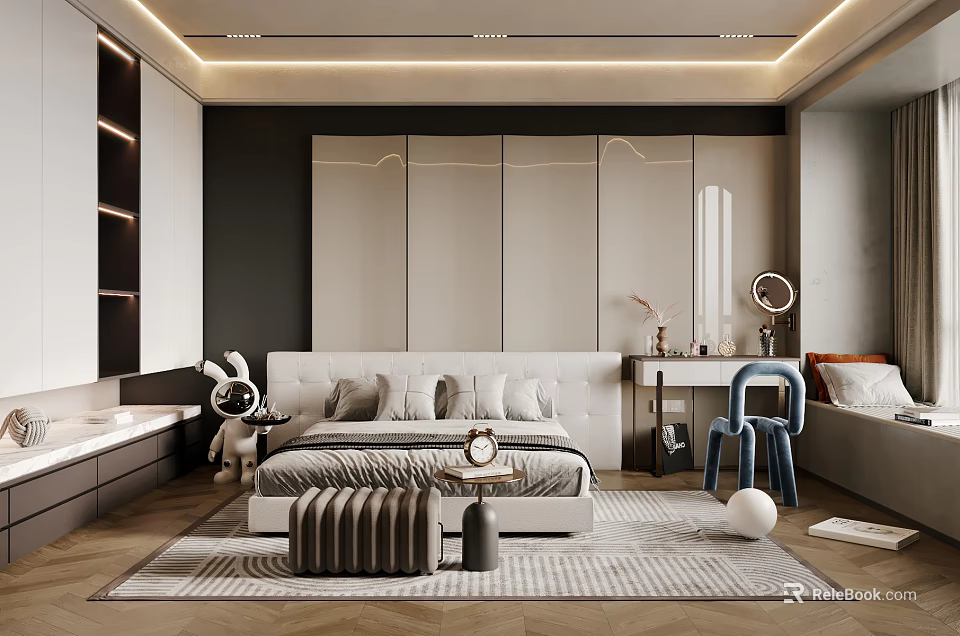 Modern Bedroom Interior Design With Large Bed Accent Chair Decorative Mirror And Patterned Rug 3d model 