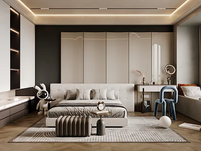 Modern Bedroom Interior Design With Large Bed Accent Chair Decorative Mirror And Patterned Rug 3d model