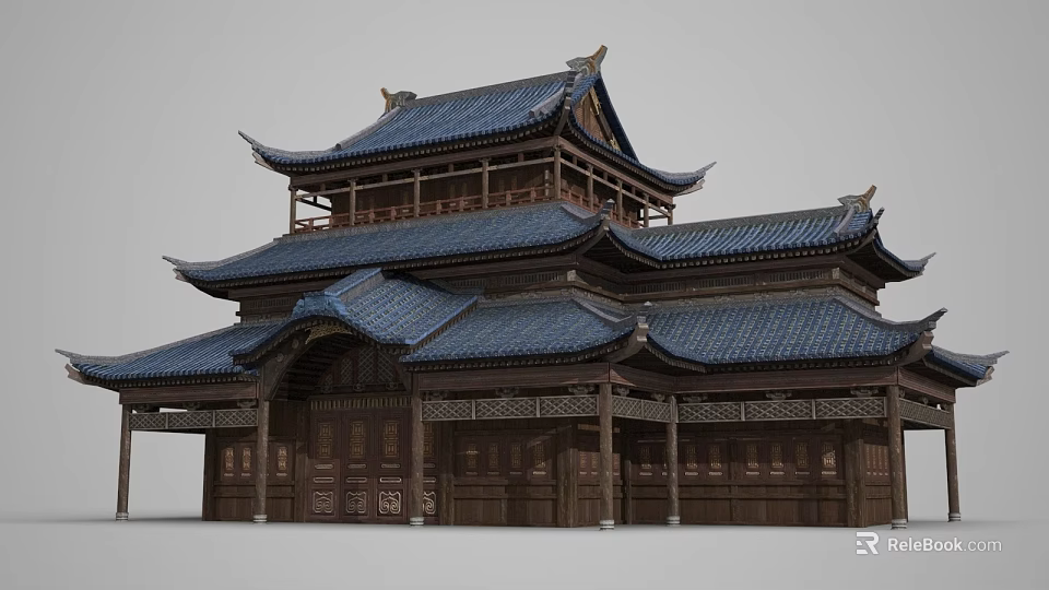Ancient Chinese Architecture With Multi Tiered Blue Tiled Roof And Overhanging Eaves 3d model 