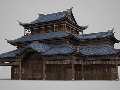 Ancient Chinese Architecture With Multi Tiered Blue Tiled Roof And Overhanging Eaves 3d model