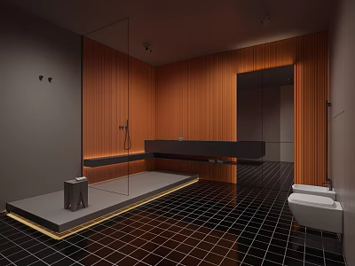 Modern Bathroom Interior With Wooden Walls Black Tiled Flooring Shower Vanity And Toilet 3d model