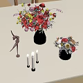 Home Decor Setup With Colorful Flower Bouquets Gold Vases Ballerina Statue And White Candles