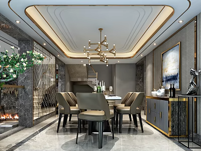 Elegant Restaurant Interior With Chandelier Dining Table Chairs Fireplace And Marble Decor 3d model