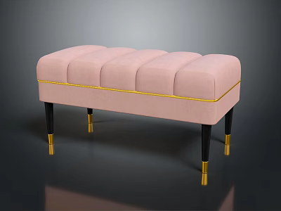 Pink Tufted Upholstered Ottoman With Gold Trim And Black Legs With Gold Accents 3d model