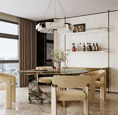 Modern Luxury Round Marble Dining Table Set With Patterned Fabric Chairs For Bright Dining Room 3d model