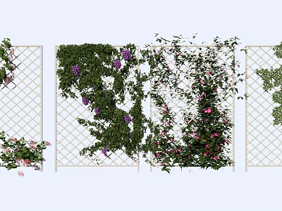 Climbing Vines Growing On Lattice Fence With Purple Pink Flowers And Green Leaves 3d model