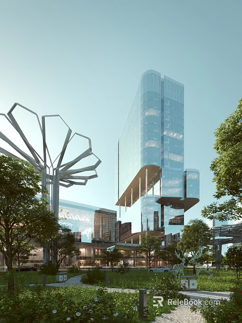 Modern Office Building Featuring Glass Curtain Wall High Rise Structure And Surrounding Greenery 3d model 