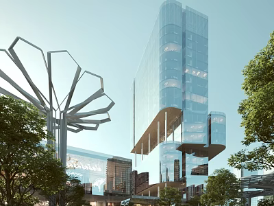 Modern Office Building Featuring Glass Curtain Wall High Rise Structure And Surrounding Greenery 3d model