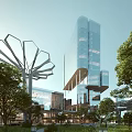 Modern Office Building Featuring Glass Curtain Wall High Rise Structure And Surrounding Greenery