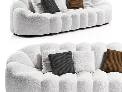 White Plush Sectional Sofa with Curved Rounded Design and Black White Brown Throw Pillows 3d model
