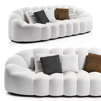 White Plush Sectional Sofa with Curved Rounded Design and Black White Brown Throw Pillows 3d model