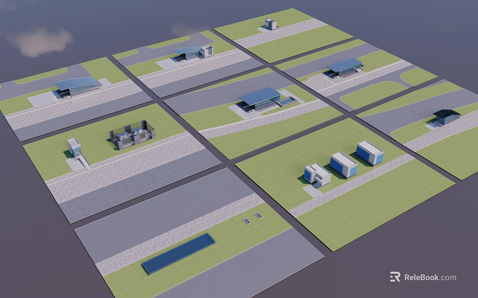 Bus Station Layout Plan With Small Buildings Green Areas And Roads 3d model 